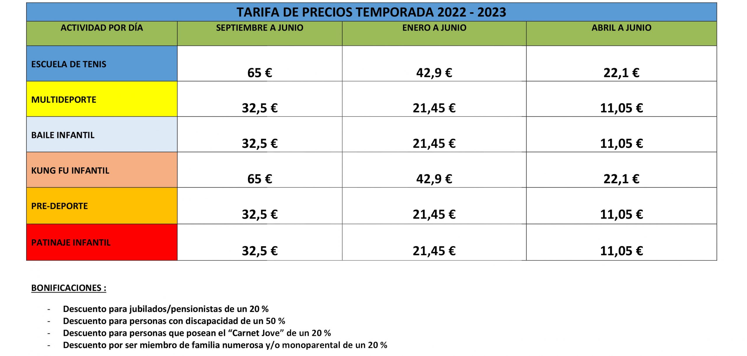 TARIFA PRECIOS ACTIVIDADES ESCUELAS DEPORTIVAS 2022-2023